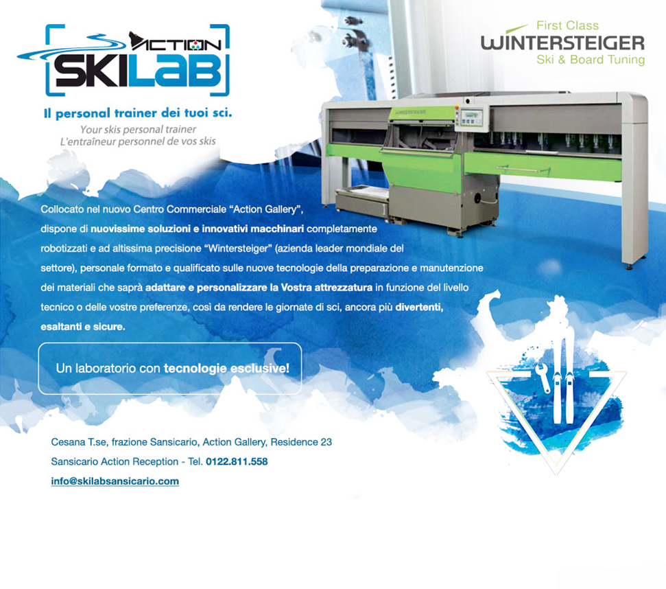 Collocato nel nuovo Centro Commerciale 'Action Gallery',
dispone di nuovissime soluzioni e innovativi macchinari completamente
robotizzati e ad altissima precisione 'Wintersteiger' (azienda leader mondiale del
settore), personale formato e qualificato sulle nuove tecnologie della preparazione e manutenzione 
dei materiali che saprà adattare e personalizzare la Vostra attrezzatura in funzione del livello 
tecnico o delle vostre preferenze, così da rendere le giornate di sci, ancora più divertenti, 
esaltanti e sicure.